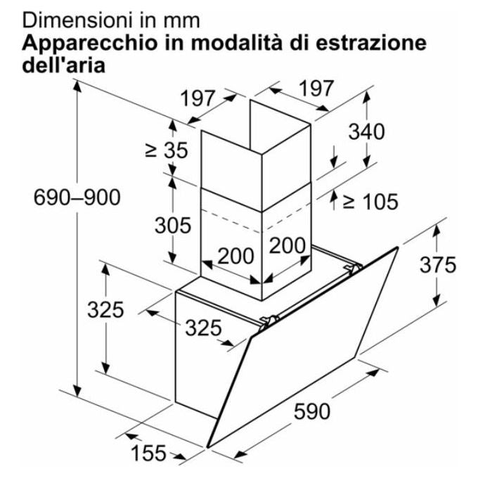 Bosch DWK65DK60 Serie 2 Cappa a muro inclinata 60 cm 430 m³-h Classe A 60 dB Touch colore Nero
