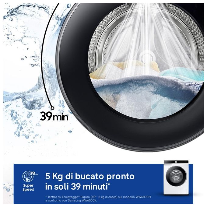Samsung WW90DG6U85LKU3 AI Ecobubble Lavatrice Frontale 9 Kg 1400 rpm Classe A Wi-Fi Ecodosatore Vapore (85x60x55 cm) colore Bianco