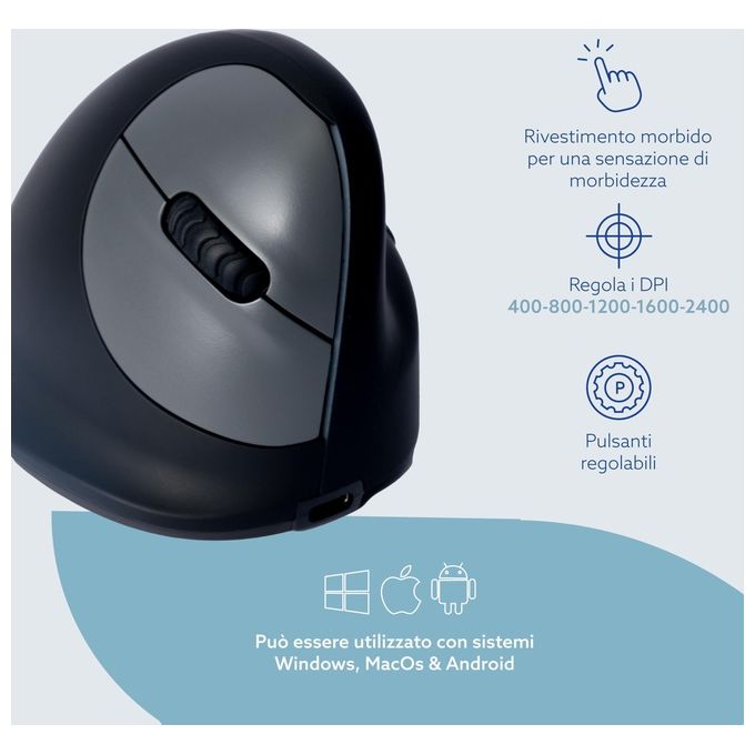 R Go Tools RGOHEWL R-Go HE Mouse Ergonomico Senza Fili Bluetooth 5.0 5 Pulsanti DPI Regolabile Fino a 2400 Silenzioso Ricaricabile Compatibile Windows Mac Linux colore Nero
