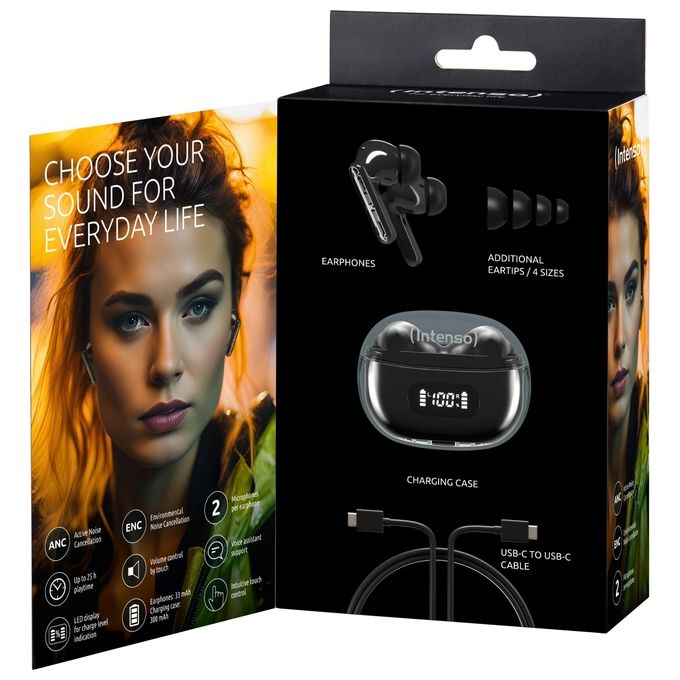 Intenso Buds Plus Cuffie TWS True Wireless T310AE con Cancellazione Attiva del Rumore ENC Bluetooth e fino a 25 Ore di Riproduzione Musicale Nero