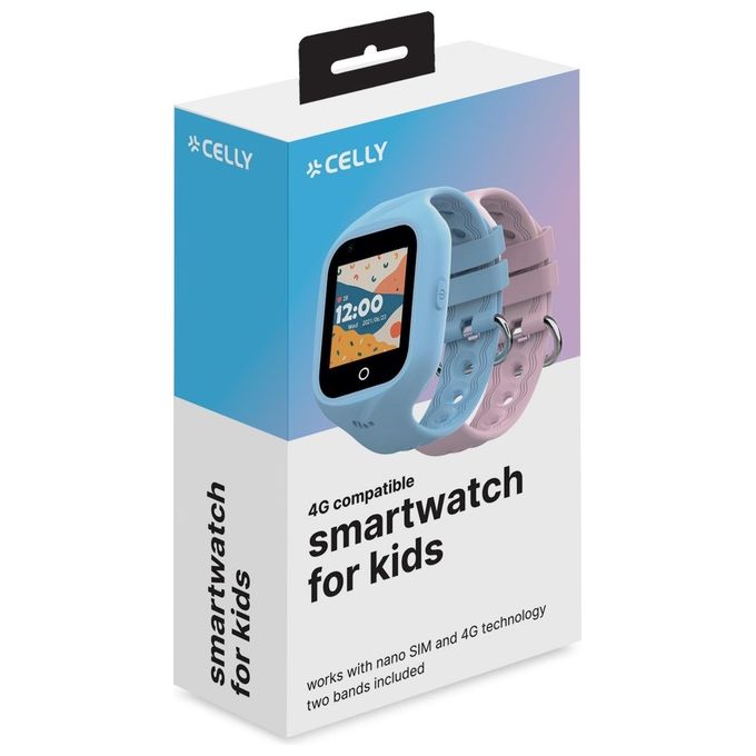 Celly S8431048 KIDSWATCH4G Smartwatch per Bambini 4G LTE GPS 1.4'' SOS Cardiofrequenzimetro colore Azzurro Rosa