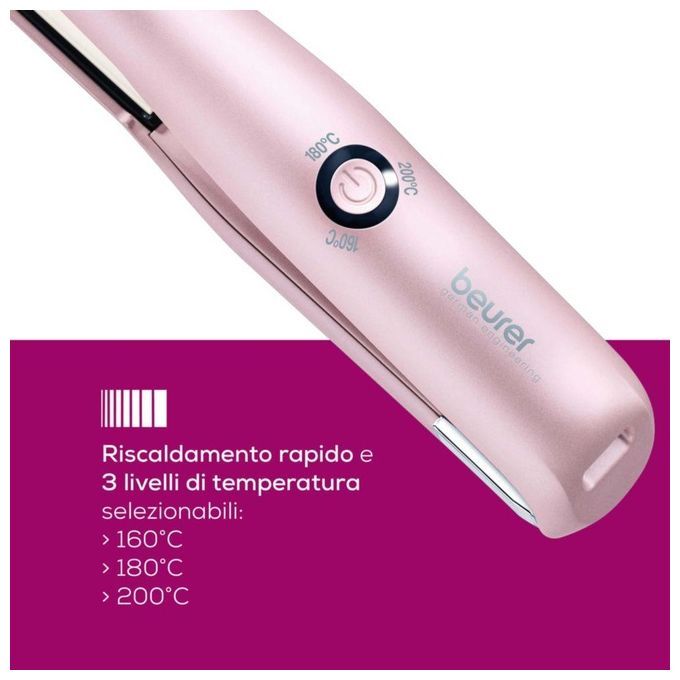 Beurer 59331 HS 20 Piastra per Capelli Senza Fili 3 Livelli Temperatura 160 200 C Ceramica Tourmalina colore Rosa