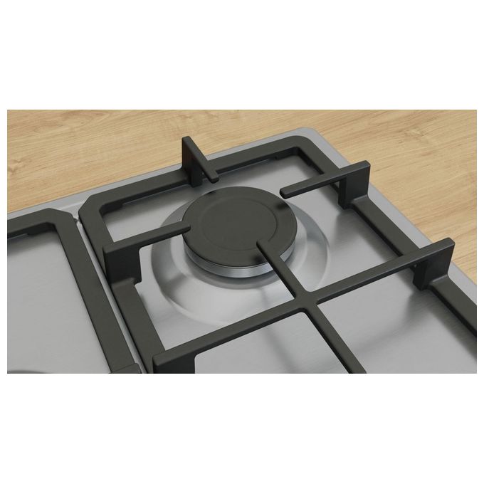 Bosch PGQ7B5K90 Serie 4 Piano cottura a gas 75 cm 5 fuochi Bruciatore Wok 3300 W Griglie in ghisa colore Inox