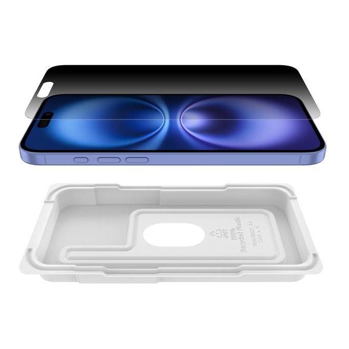 Belkin OVA168HQ InvisiGlass Privacy Protezione Schermo per iPhone 16 Plus con Filtro Privacy Antibatterico in Vetro Temperato Riciclato 60% Spessore 0,29 mm Durezza 9H colore Nero