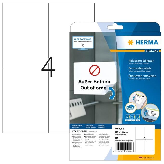 Herma Etichette Autoadesive Bianche 105x148mm 25 Fogli DIN A4 100 Pezzi