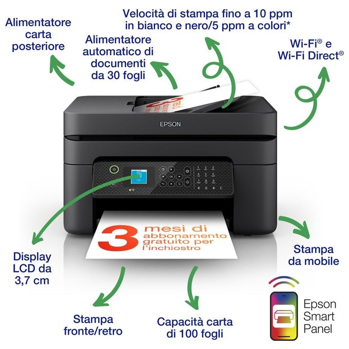 Epson WF-2930DWF WorkForce Stampante Multifunzione Inkjet A4 Stampa Fronte Retro ADF Wi-Fi AirPrint 33 ppm colore Nero