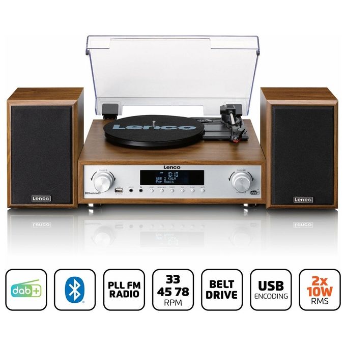 Lenco MC-160WD Sistema Hi-Fi All-in-One Giradischi Cinghia Radio DAB+ FM Bluetooth 5.0 10W USB AUX colore Legno