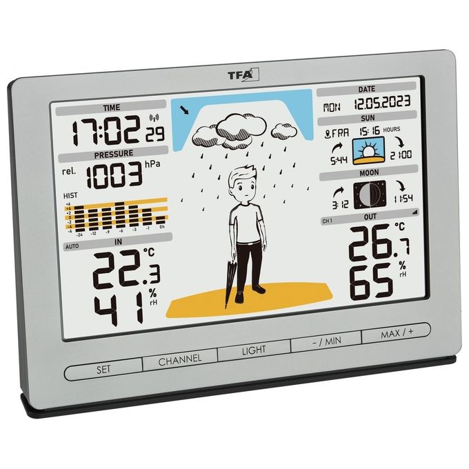 TFA-Dostmann 35.1097.54 Meteo Jack Stazione Meteo Wireless Display Colori Previsioni 12-24h Temperatura Umidita' Pressione Fasi Lunari colore Argento