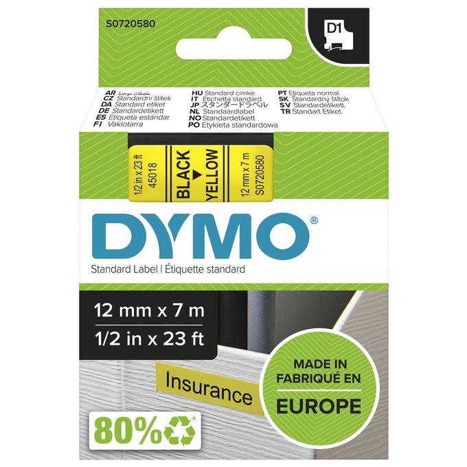 Dymo Nastro D1 12mmx7m Nero Giall