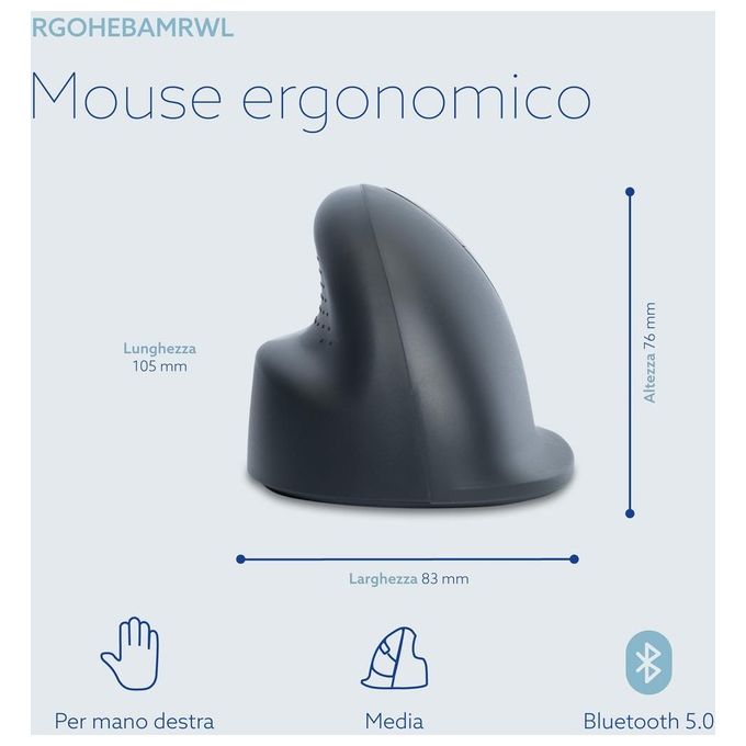 R Go Tools RGOHEBAMRWL R-Go HE Basic Mouse Ergonomico Senza Fili Bluetooth 5.0 Ricaricabile 1600 DPI Design Verticale per Destrimani colore Grigio