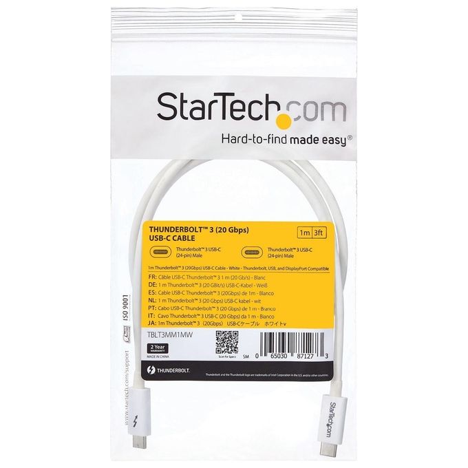 StarTech TBLT3MM1MW Cavo Thunderbolt 3 20 Gbps 100W PD 4K 60Hz USB-C Bianco