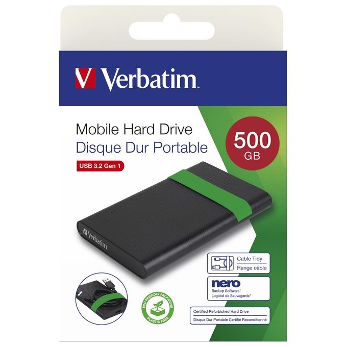 Verbatim 53111 Disco Rigido Esterno 2.5'' 512 GB USB 3.2 Gen 1 5400 rpm Plug and Play colore Nero Verde