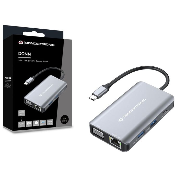 Conceptronic DONN21G Docking Station 7 in 1 USB 3.2 Gen 1 HDMI VGA GbE LAN USB A 3.0 x3 100 W USB PD colore Grigio