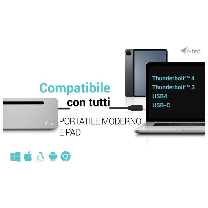 I-tec C31FLAT2PDPRO100W Metal Ergonomic Docking Station USB-C 3 Monitor 4K 100W Power Delivery LAN Gigabit 4x USB 3.2 SD colore Argento