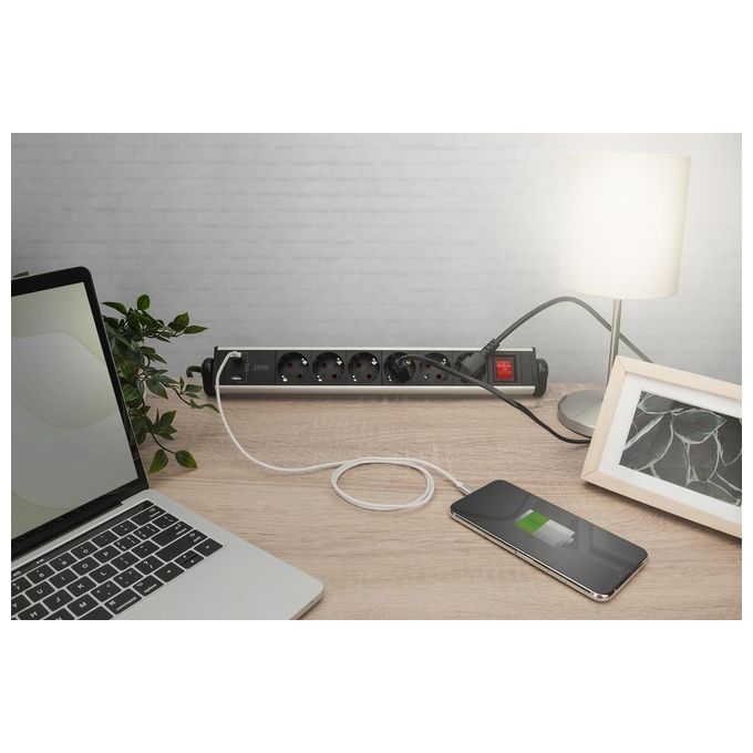 Digitus DA-70624 Ciabatta Multipresa Office 6 Prese 2 USB-A 18W 1 USB-C 20W cavo 1,5 m alluminio colore Nero Argento