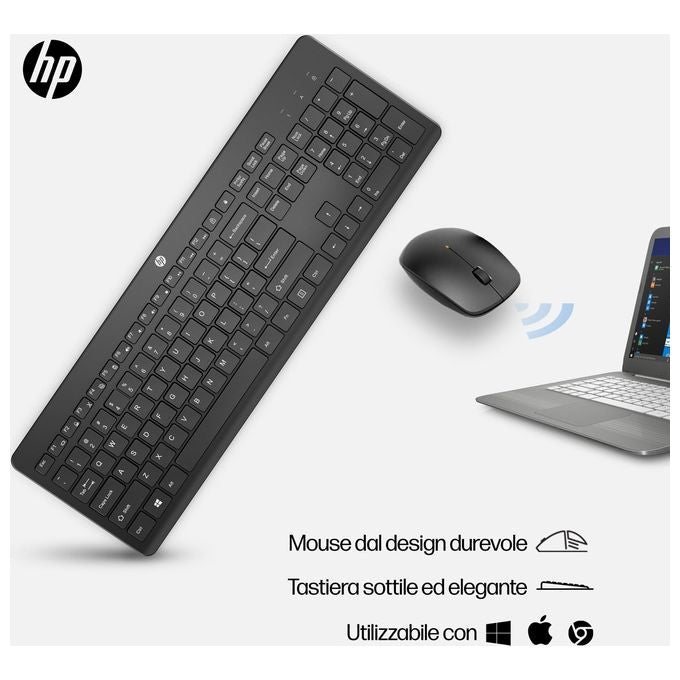 HP 18H24AA Combo Kit Tastiera e Mouse Wireless 2.4 GHz Full-size Membrana 1600 DPI autonomia 16 mesi colore Nero
