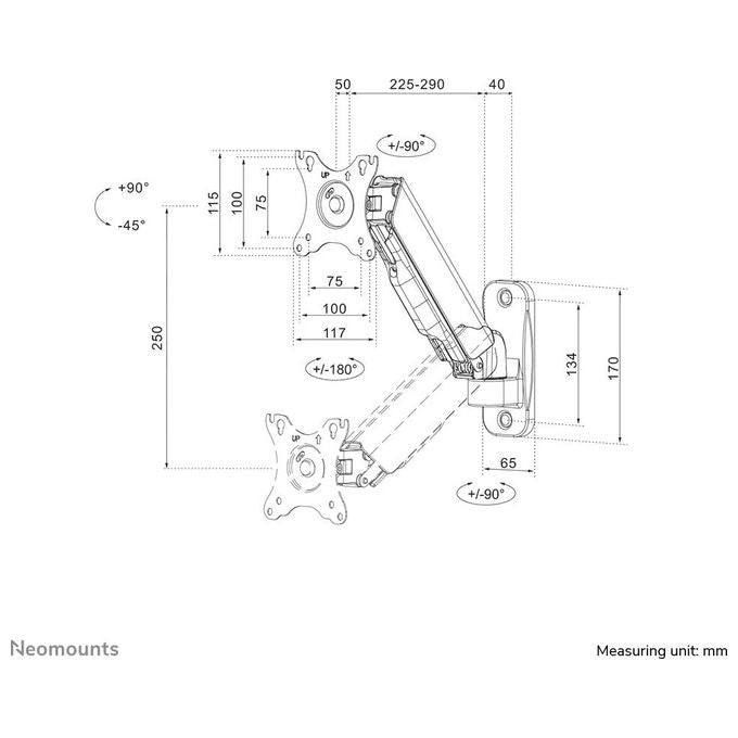 Neomounts WL70-440BL11 Supporto a Parete Full Motion per Monitor e TV 17-32'' VESA 75x75 100x100 mm Regolazione Altezza con Molla a Gas Rotazione 360° Inclinazione -45° +90° colore Nero