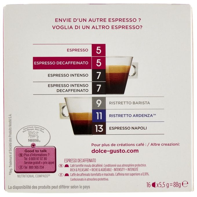 Nescafe Dolce Gusto capsule espresso decaffeinato 100% arabica intensita 5 16 pezzi