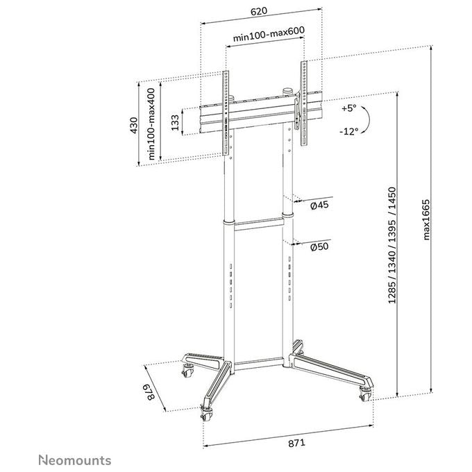 Neomounts FL50-540BL1 Carrello TV Supporto a Pavimento Portatile per Schermi 37-70 Pollici con Regolazione Altezza Manuale e Inclinazione colore Nero