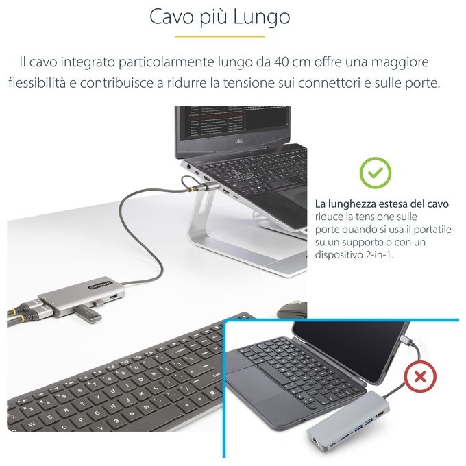 StarTech.com 167B-USBC-MULTIPORT Adattatore Multiporta USB-C Doppio HDMI 4K30Hz Hub USB-A 3 Porte 5Gbps Cavo 40 cm colore Argento