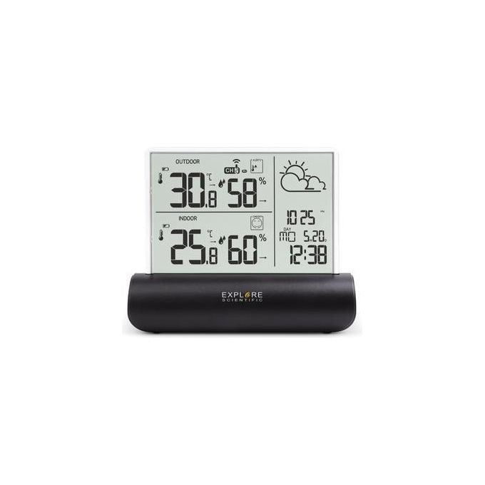 Explore Scientific WSH4501 Stazione Meteo LCD con Display in Vetro Temperatura Umidita' e Pressione Barometrica Interna Esterna Previsioni del Tempo Fino a 3 Sensori Portata 100 m colore Nero