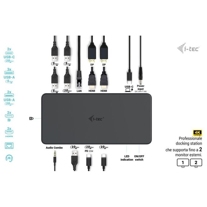 I-TEC DOCKING STATIONS CADUAL4KDOCKPD2IT USB 3.0 USB-C Thunderbolt 3 Docking Station Professionale Dual 4K 60Hz Power Delivery 100W colore Nero