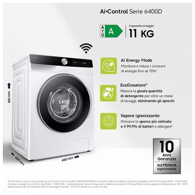 Samsung WW11DG6B85LKU3 Lavatrice Carica Frontale 11Kg 1400 giri Ai Control Eco Dosatore Classe A