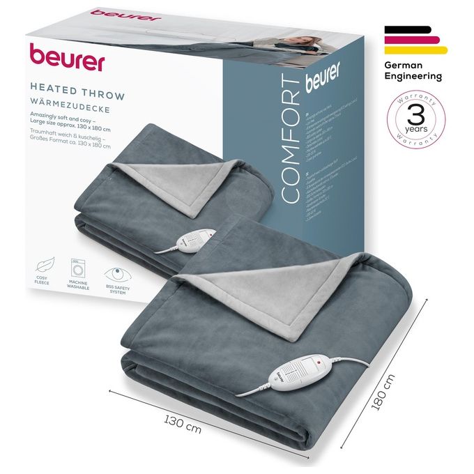 Beurer 42106 HD 75 Coperta Elettrica 100W 6 Livelli di Temperatura Spegnimento Automatico Lavabile Tessuto Felpato colore Grigio Scuro