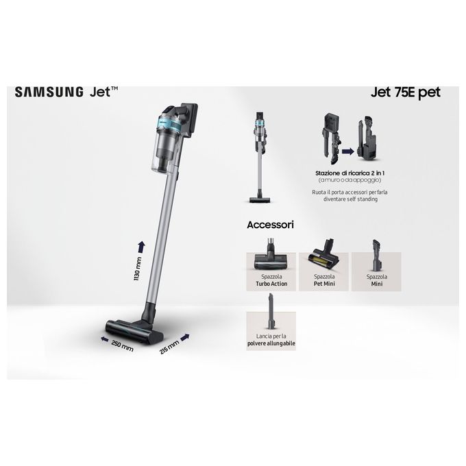 Samsung VS20B75AGR1 Jet 75E Pet Aspirapolvere senza filo Multiciclonica 0.8 L 200 W 60 min 86 dB colore Nero