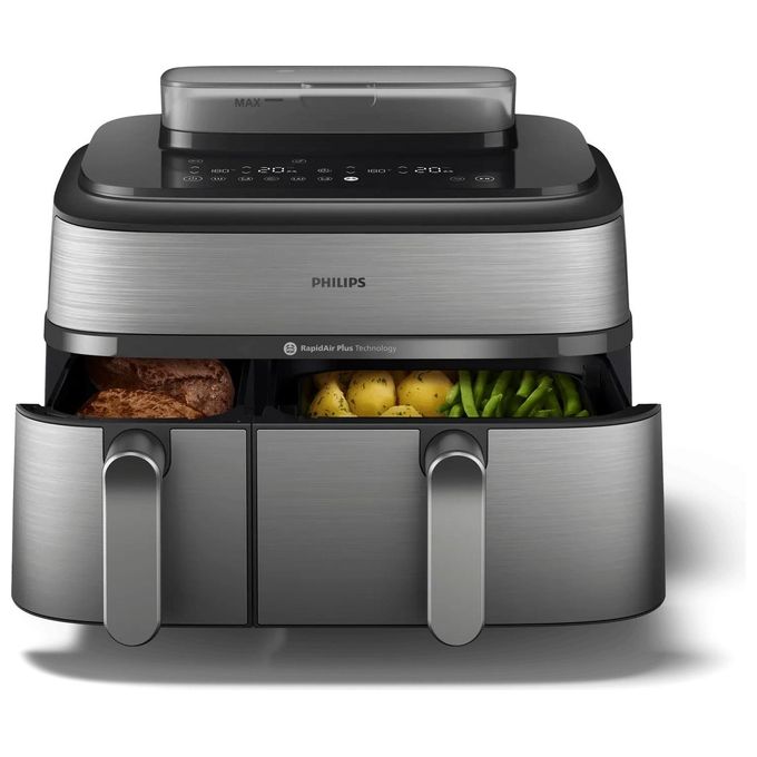 Philips NA555-00 Serie 5000 Friggitrice ad aria 9L 2750W Doppio Cestello 19 Programmi Cottura a Vapore colore Argento