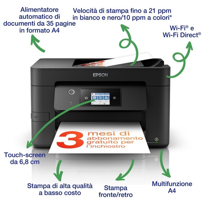 Epson WF-3825DWF WorkForce Pro Stampante Multifunzione Inkjet A4 21 ppm WiFi Direct ADF Touchscreen 6.8 cm colore Nero