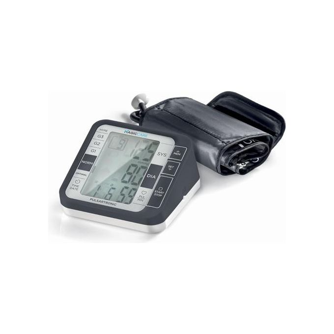 Magic Care Pulsartronic SFG60 - Misuratore di pressione da braccio, oscillometrico, display digitale, memoria 60 letture, funzioni: rilevazione aritmie - indicatore OMS - ora e data, alimentazione a batterie, con custodia e bracciale, colore grigio-Bianco