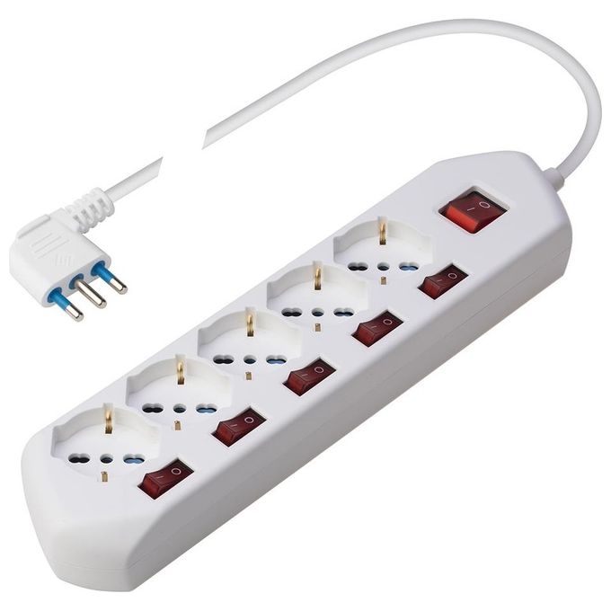 Polypool Multiswitch Presa Multipla con 5 Prese P40 Pluristandard e 5 Interruttori Indipendenti Spina Salvaspazio Grande 16A 1,5 Metri Cavo Interruttore Principale Bianco