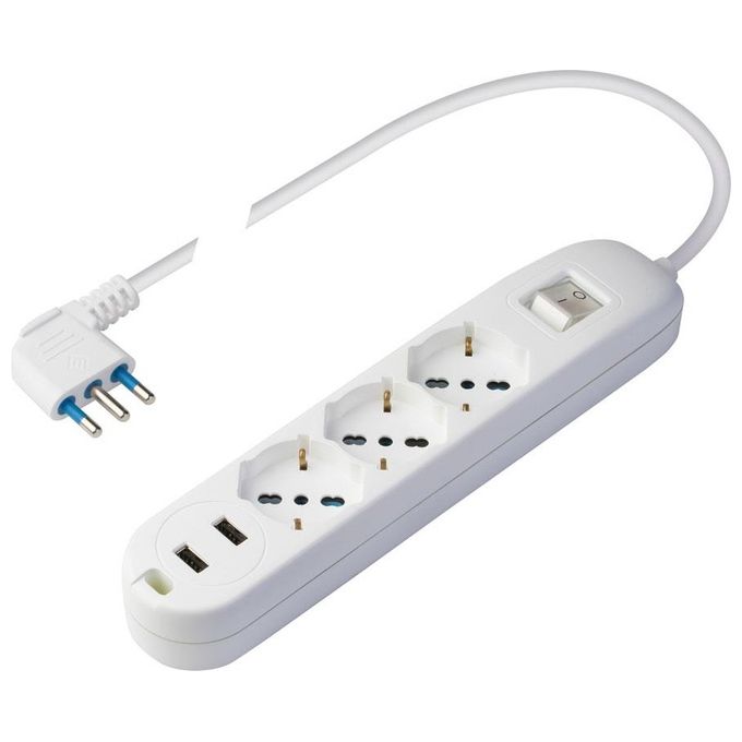 Polypool Presa Multipla con 2 Prese Usb e 3 Prese P40 Pluristandard Spina Salvaspazio Grande 16A 1,5 Metri Cavo e Interruttore Bianco