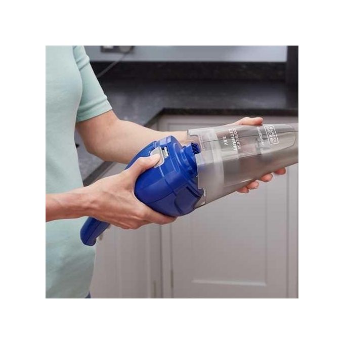 BLACK+DECKER NVC115WA‑QW - Aspirabriciole portatile senza filo, ciclonico, capacita' 0,385 L, potenza 5,4 W, autonomia 11,5 min, 58 dB, filtro lavabile, Grigio-Blu