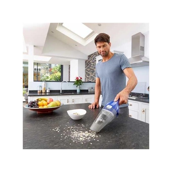 BLACK+DECKER NVC115WA‑QW - Aspirabriciole portatile senza filo, ciclonico, capacita' 0,385 L, potenza 5,4 W, autonomia 11,5 min, 58 dB, filtro lavabile, Grigio-Blu