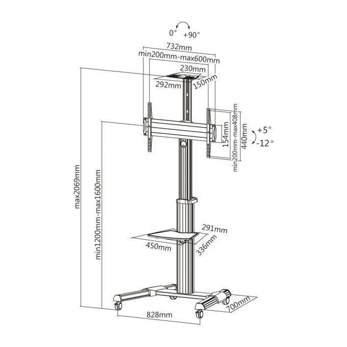 Reflecta 23210 STAND 70VC Staffa TV da Terra Regolabile in Altezza 120-207 cm Rotazione 90° Inclinazione +5°--12° VESA 200x200-600x400 Capacita' 50 Kg con Mensola e Ruote colore Alluminio Nero