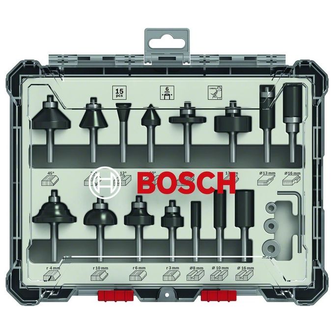 Bosch 2607017471 Set di Frese Miste 6 mm 15 Pezzi per Lavorazione Legno con Valigetta Colore Nero