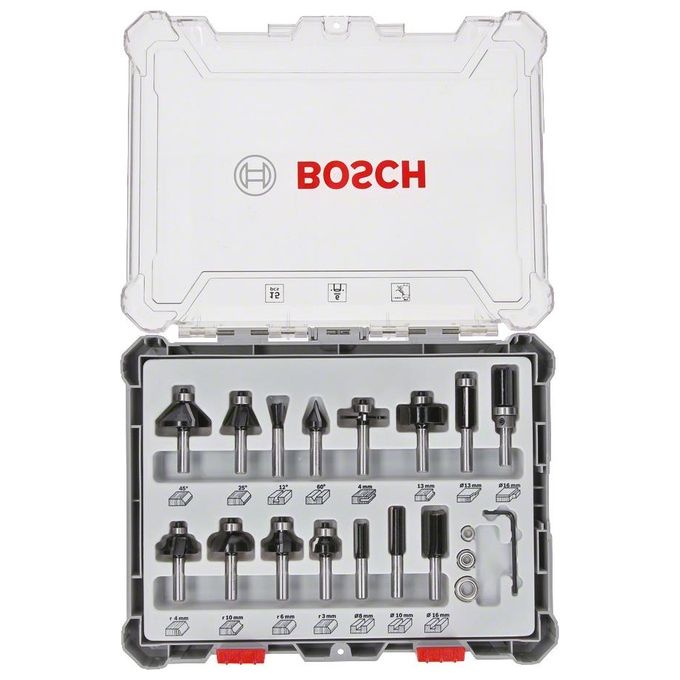 Bosch 2607017471 Set di Frese Miste 6 mm 15 Pezzi per Lavorazione Legno con Valigetta Colore Nero