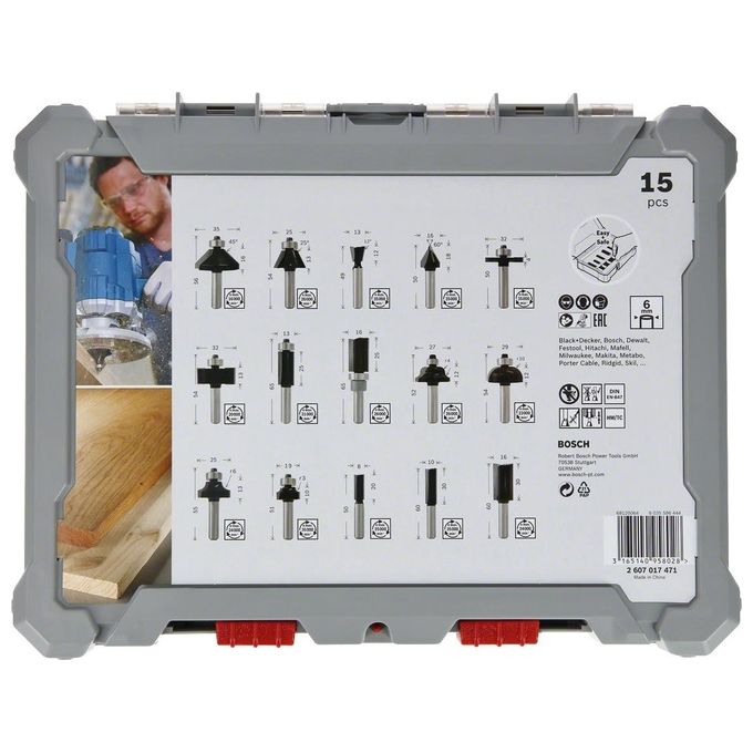 Bosch 2607017471 Set di Frese Miste 6 mm 15 Pezzi per Lavorazione Legno con Valigetta Colore Nero