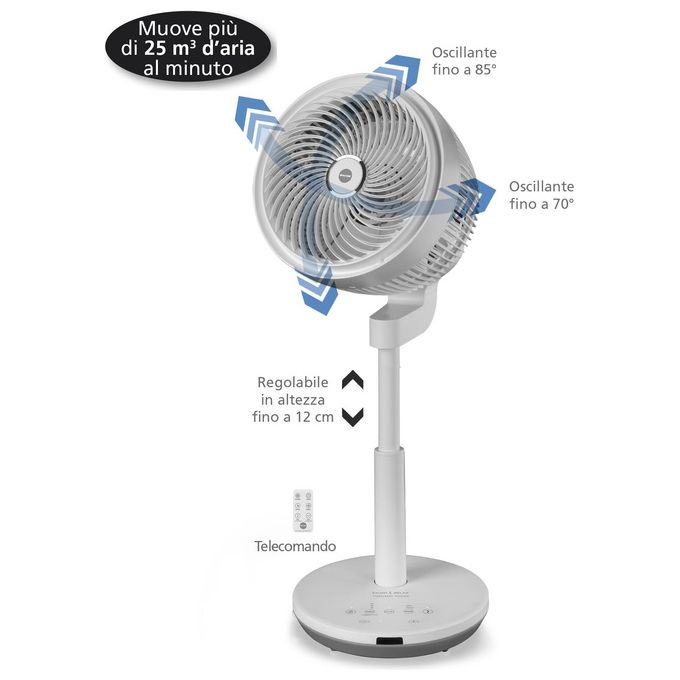Macom 992 Tornado Tower Ventilatore a Piantana Doppia Oscillazione 4 Velocita' Timer Telecomando 60W colore Bianco