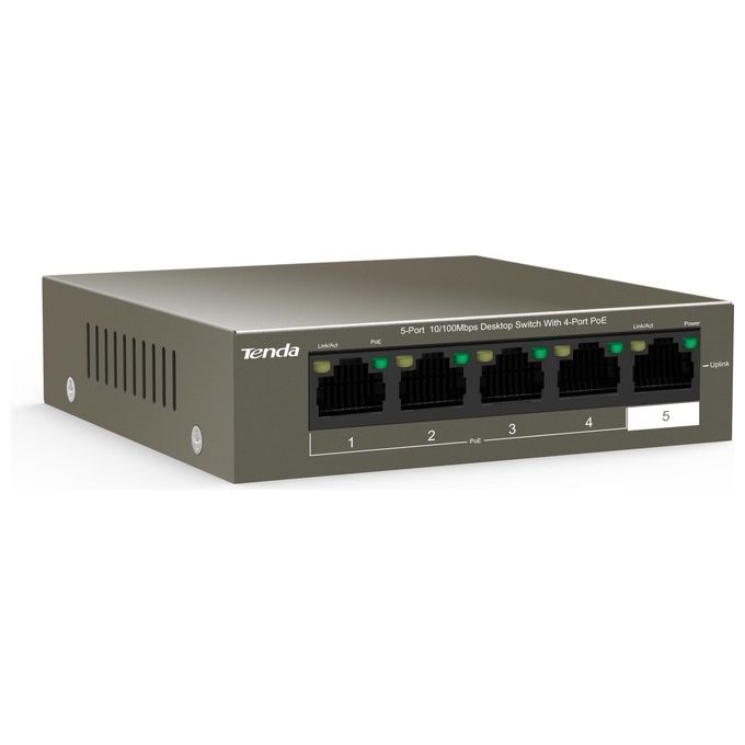 Tenda TEF1105P-4-63W Switch Desktop 5 Porte Fast Ethernet 10-100 Mbps 4 Porte PoE IEEE 802.3af-at 63W Chassis Metallo colore Nero