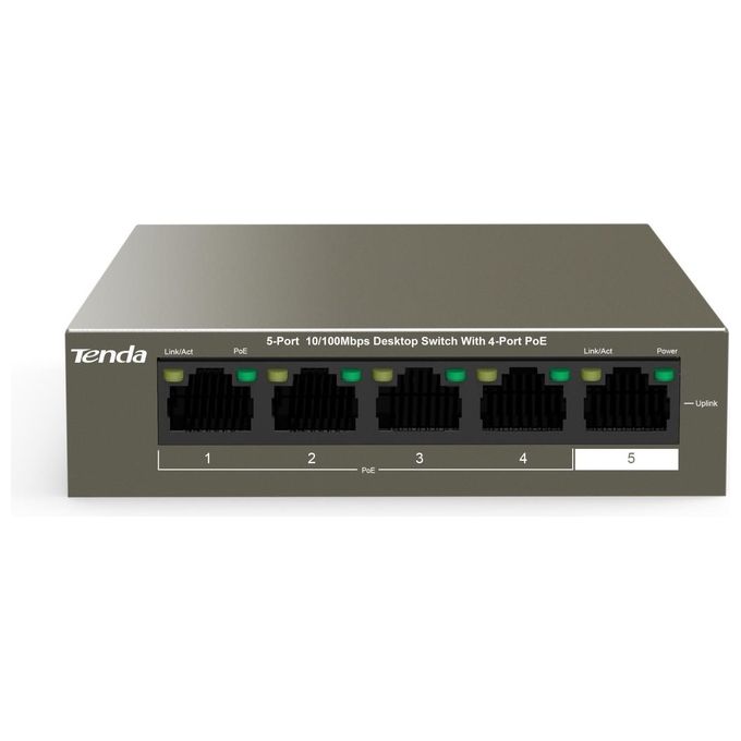 Tenda TEF1105P-4-63W Switch Desktop 5 Porte Fast Ethernet 10-100 Mbps 4 Porte PoE IEEE 802.3af-at 63W Chassis Metallo colore Nero