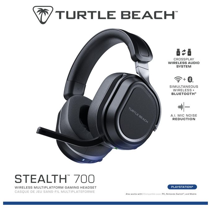 Turtle Beach TBS-3101-05 Stealth 700 Cuffie Wireless Gaming con Driver 60mm Batteria 80 Ore Bluetooth 5.2 e Doppio Trasmettitore USB per PS5 PS4 PC colore Nero