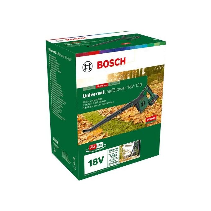 Bosch 06008A0600 UniversalLeafBlower 18V-130 Soffiatore portatile a Batteria Ioni di Litio 2 velocita' 185-245 km-h colore Verde