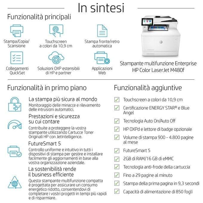 HP 3QA55A Color LaserJet Enterprise MFP M480f Stampante Multifunzione Laser A4 27 ppm colori Fronte Retro Automatico Fax USB Ethernet colore Bianco