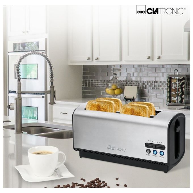 Clatronic TA 3687 Tostapane 4 Fette Fessura Lunga 1200 W Scongelamento Riscaldamento Stop Rapido colore Nero Inox