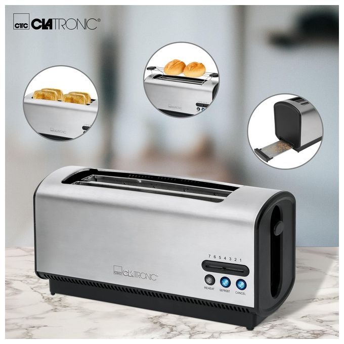 Clatronic TA 3687 Tostapane 4 Fette Fessura Lunga 1200 W Scongelamento Riscaldamento Stop Rapido colore Nero Inox