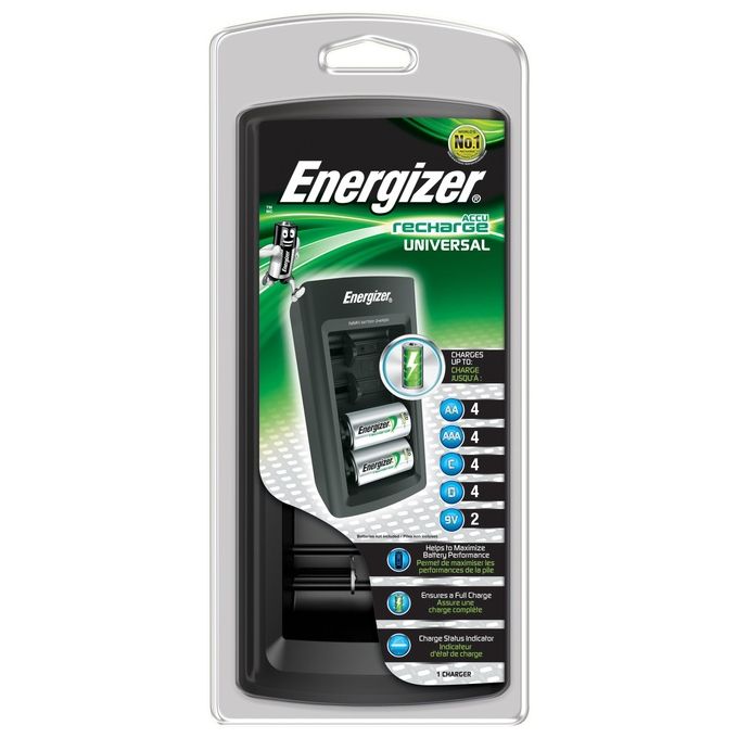 Energizer E301335800 Universal Charger Caricabatterie Universale per AA AAA C D 9 V Tecnologia NiMH 4 Batterie Colore Nero