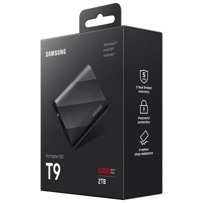 Samsung MU-PG2T0B-EU Portable SSD T9 SSD Portatile 2 TB USB 3.2 Gen 2x2 fino a 2000 MB-s colore Nero